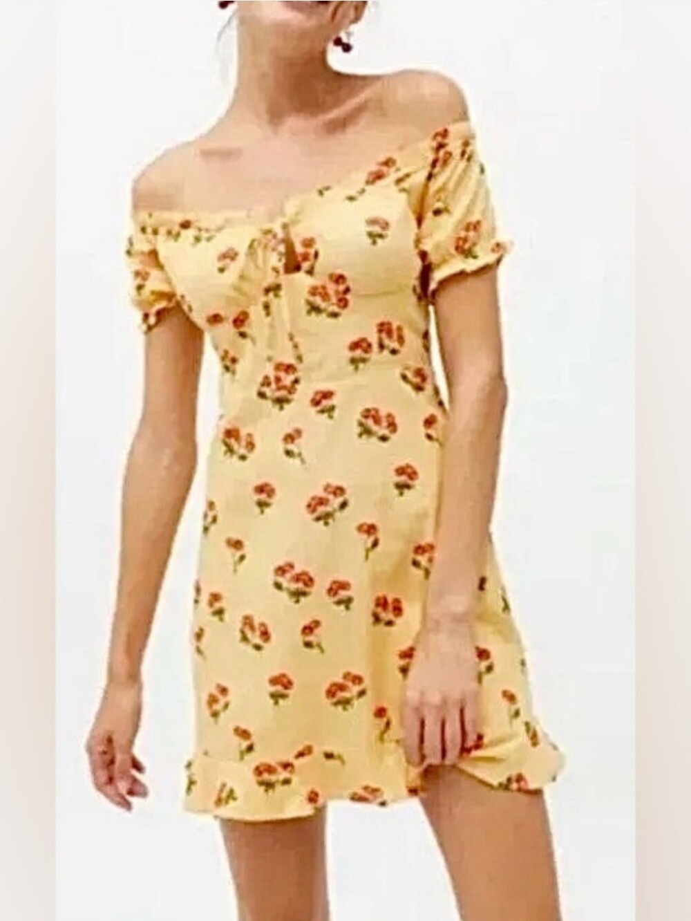 URBAN OUTFITTERS Yellow Cherry Print Magpie Milkmaid Mini Dress Size Large